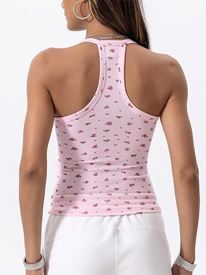Danysu V Neck Racerback Floral Tank Top with Built in Bra