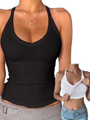 Danysu V Neck Cotton Tank Tops with Built-in Shelf Bra