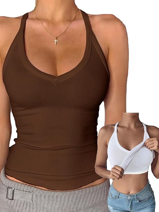 Danysu V Neck Cotton Tank Tops with Built-in Shelf Bra