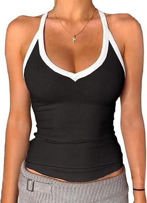 Danysu V Neck Racerback Color Block Tank Top with Built in Bra