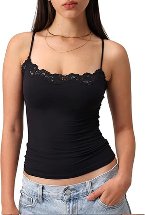 Padded Lace Cami Top Double Lined Sexy Tank Top Spaghetti Strap Club Party Shirt