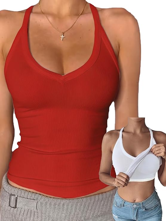 Danysu V Neck Cotton Tank Tops with Built-in Shelf Bra