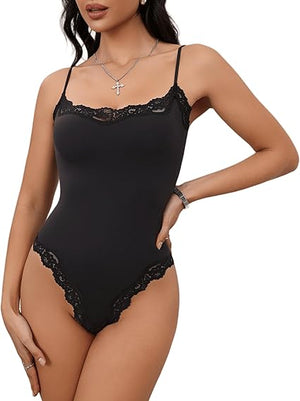 Lace Body Suit Square Neck Tops for Women Sleeveless Spaghetti Strap Tank Top Bodysuits for Women Sexy Jumpsuit