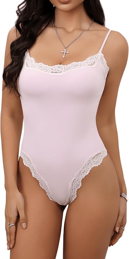 Lace Body Suit Square Neck Tops for Women Sleeveless Spaghetti Strap Tank Top Bodysuits for Women Sexy Jumpsuit - Blush Pink / XS Lace Body Suit Square Neck Tops for Women Sleeveless Spaghetti Strap Tank Top Bodysuits for Women Sexy Jumpsuit - Blush Pink / XS