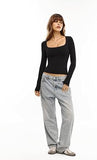 Square Neck Long Sleeve Slim Fit Shirt