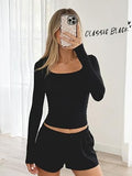 Square Neck Long Sleeve Slim Fit Shirt