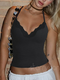 Women Sexy Deep V Neck Lace Tank Top with Built in Shelf Bra