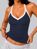 V Neck Cotton Tank Tops with Built-in Shelf Bra - Color Mix & Contrast