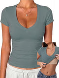 V Neck Short Sleeve Fitted Crop Shirts with Built in Bra