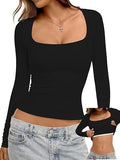 Square Neck Long Sleeve Slim Fit Shirt