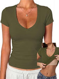 V Neck Short Sleeve Fitted Crop Shirts with Built in Bra