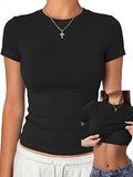 Womens Tops Short Sleeve Fitted Crop T Shirt with Built in Bra