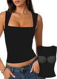 Padded Tank Tops Double Line Square Neck Fitted Basic Cami