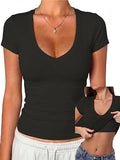V Neck Short Sleeve Fitted Crop Shirts with Built in Bra