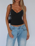 Women Sexy Deep V Neck Lace Tank Top with Built in Shelf Bra