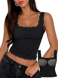 Padded Lace Tank Top Square Neck Double Lined Basic Crop Tops