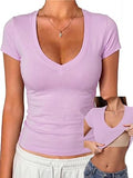 V Neck Short Sleeve Fitted Crop Shirts with Built in Bra