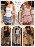 Padded Tank Tops Double Line Square Neck Fitted Basic Cami