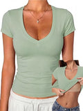V Neck Short Sleeve Fitted Crop Shirts with Built in Bra