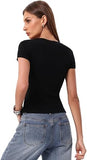 V Neck Short Sleeve Fitted Crop Shirts with Built in Bra