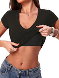 V Neck Short Sleeve Fitted Crop Shirts with Built in Bra