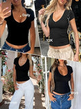 V Neck Short Sleeve Fitted Crop Shirts with Built in Bra