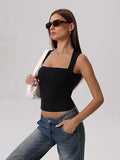 Padded Tank Tops Double Line Square Neck Fitted Basic Cami