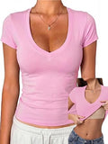V Neck Short Sleeve Fitted Crop Shirts with Built in Bra