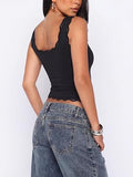 Padded Lace Tank Top Square Neck Double Lined Basic Crop Tops