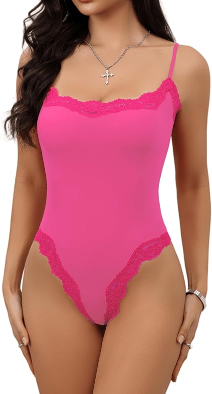 Lace Body Suit Square Neck Tops for Women Sleeveless Spaghetti Strap Tank Top Bodysuits for Women Sexy Jumpsuit