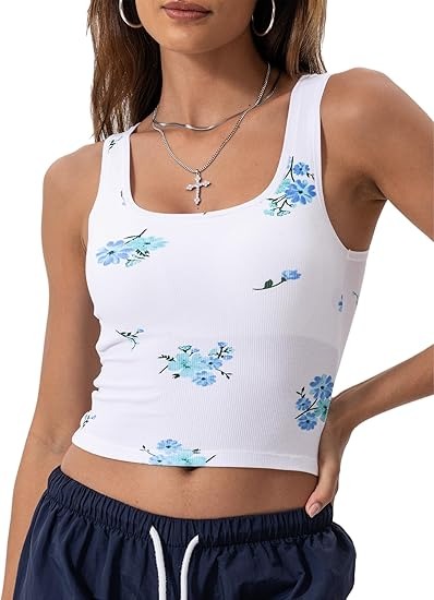 WDIRARA Women's 3 Pack Square Neck Ruched Tank Tops - Floral Print Sleeveless Crop Tops