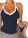 V Neck Cotton Tank Tops with Built-in Shelf Bra - Color Mix & Contrast