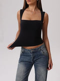 Padded Tank Tops Double Line Square Neck Fitted Basic Cami