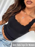 Padded Lace Tank Top Square Neck Double Lined Basic Crop Tops