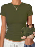 Womens Tops Short Sleeve Fitted Crop T Shirt with Built in Bra