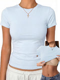Womens Tops Short Sleeve Fitted Crop T Shirt with Built in Bra