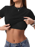 Womens Tops Short Sleeve Fitted Crop T Shirt with Built in Bra