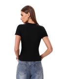 Womens Tops Short Sleeve Fitted Crop T Shirt with Built in Bra