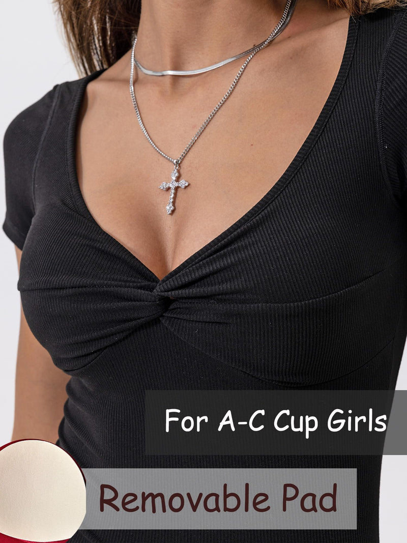 Ribbed Short Sleeve Twist Front Shirt
