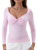 Danysu Women's Ribbed Long Sleeve Twist Front Top