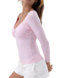 Danysu Women's Ribbed Long Sleeve Twist Front Top