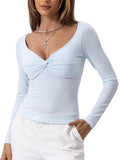 Danysu Women's Ribbed Long Sleeve Twist Front Top