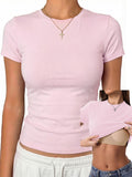 Womens Tops Short Sleeve Fitted Crop T Shirt with Built in Bra