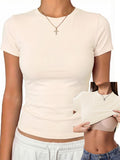 Womens Tops Short Sleeve Fitted Crop T Shirt with Built in Bra