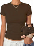 Womens Tops Short Sleeve Fitted Crop T Shirt with Built in Bra