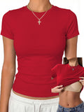 Womens Tops Short Sleeve Fitted Crop T Shirt with Built in Bra