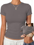 Womens Tops Short Sleeve Fitted Crop T Shirt with Built in Bra