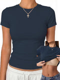 Womens Tops Short Sleeve Fitted Crop T Shirt with Built in Bra