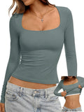 Square Neck Long Sleeve Slim Fit Shirt