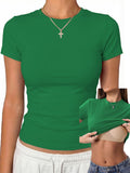 Womens Tops Short Sleeve Fitted Crop T Shirt with Built in Bra